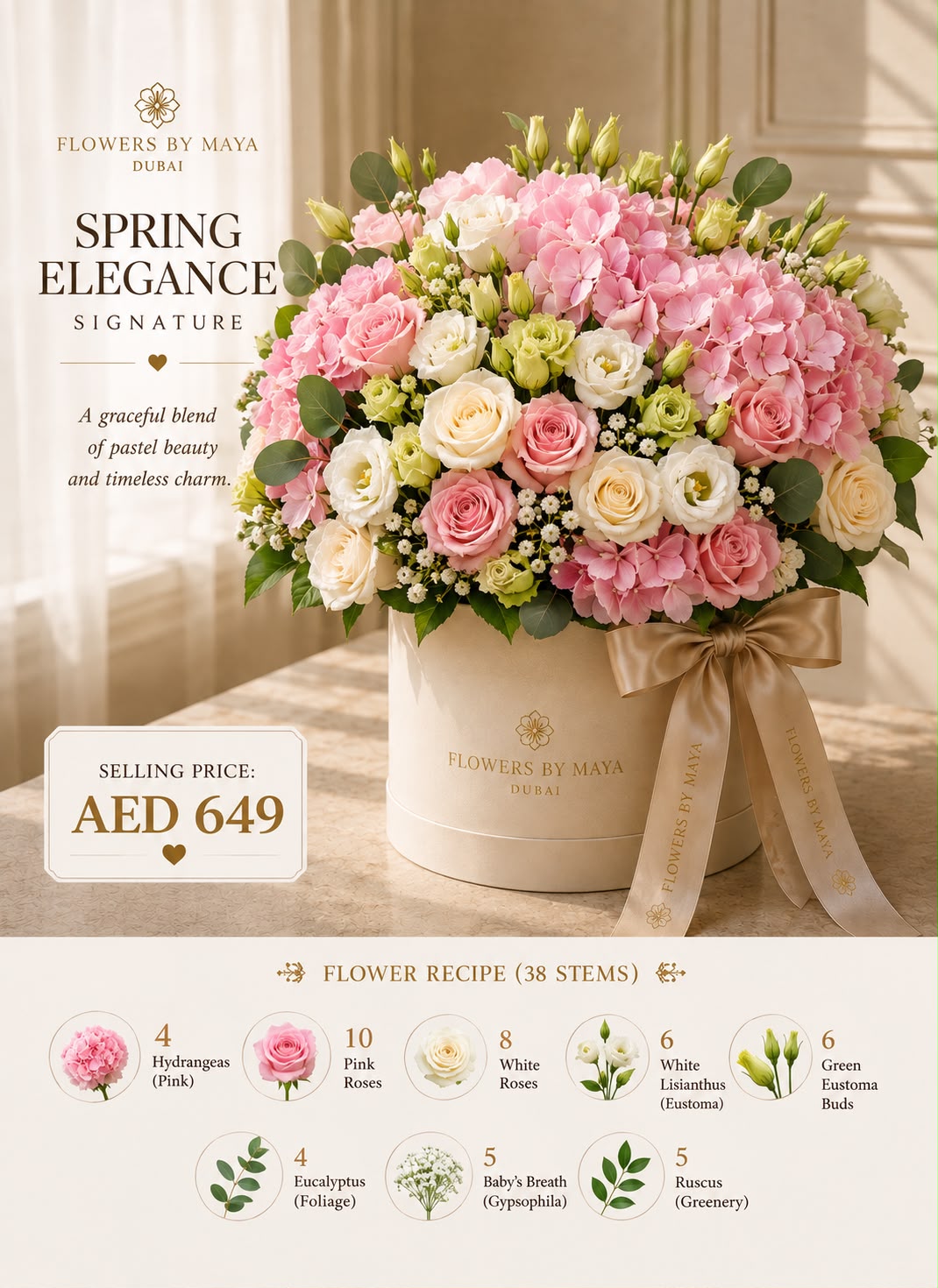 Spring Elegance Signature by Flowers By Maya, pink hydrangeas with pastel roses and lisianthus in a cream hat box