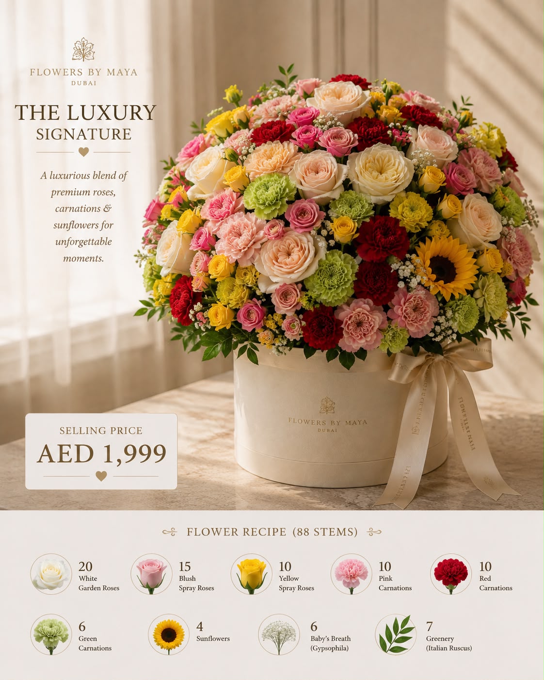 The Luxury Signature by Flowers By Maya, premium roses carnations and sunflowers in a cream hat box