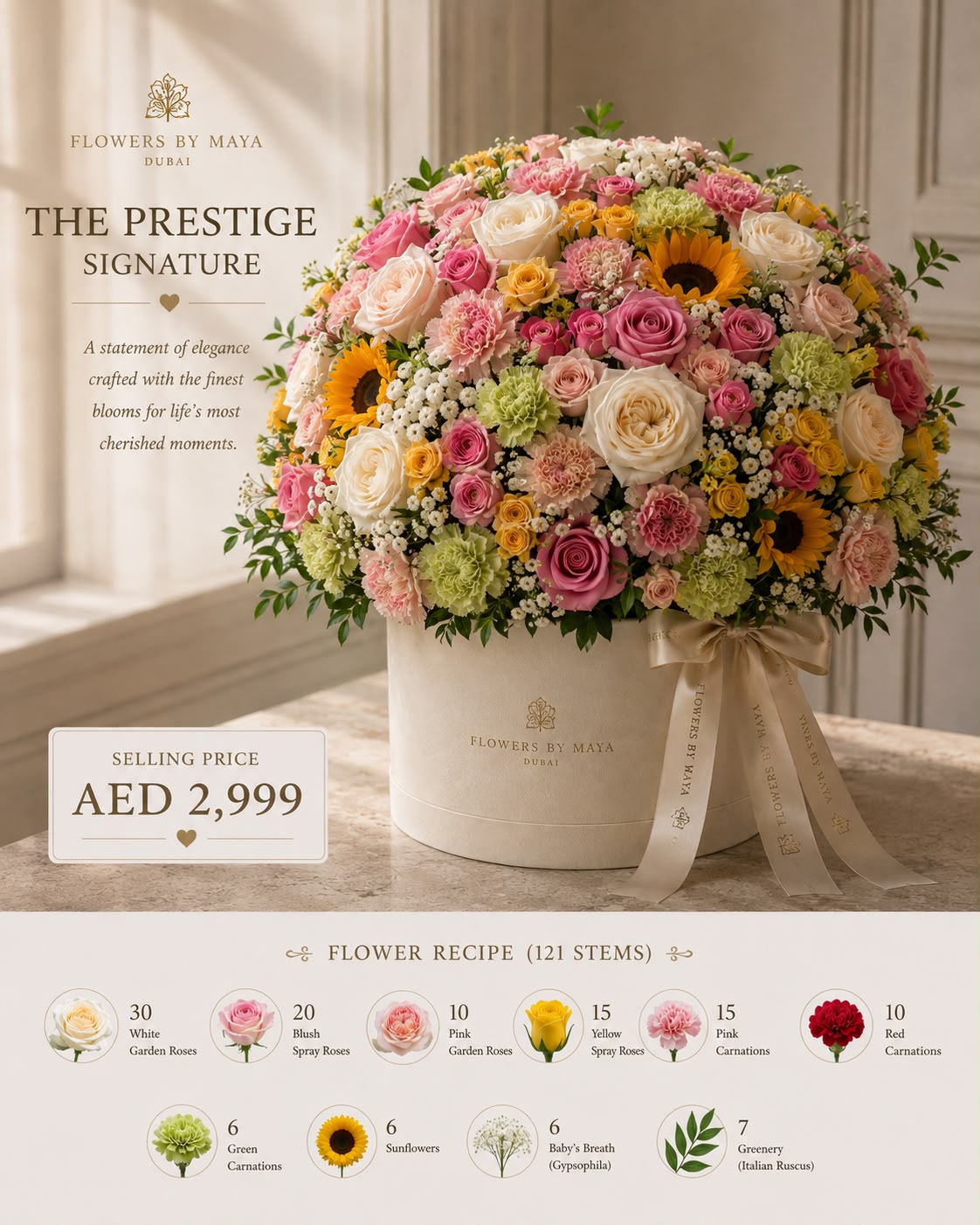 The Prestige Signature by Flowers By Maya, large mixed arrangement of roses carnations and sunflowers in a cream hat box