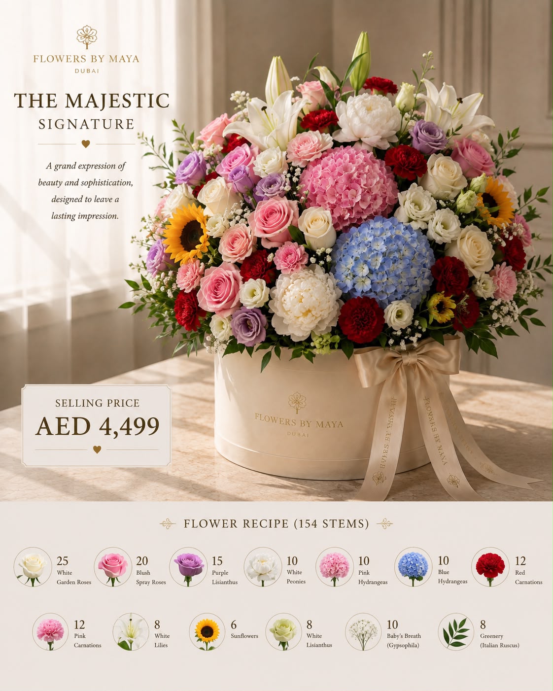 The Majestic Signature by Flowers By Maya, grand mixed arrangement with lilies peonies hydrangeas and roses in a cream hat box