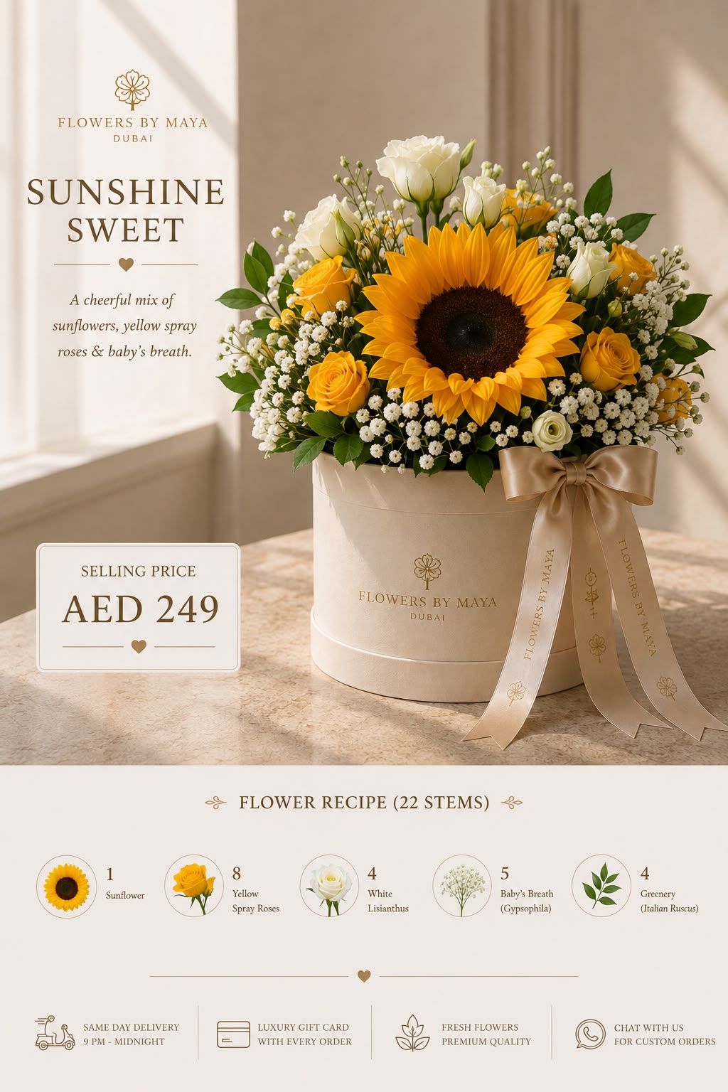 Sunshine Sweet by Flowers By Maya, sunflower with yellow spray roses and baby's breath in a cream hat box