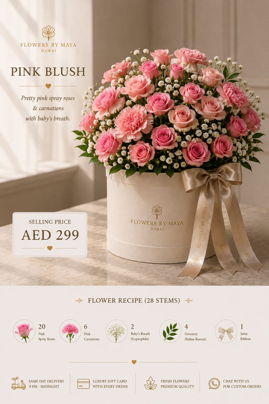 Pink Blush by Flowers By Maya, pink spray roses and carnations with baby's breath in a cream hat box