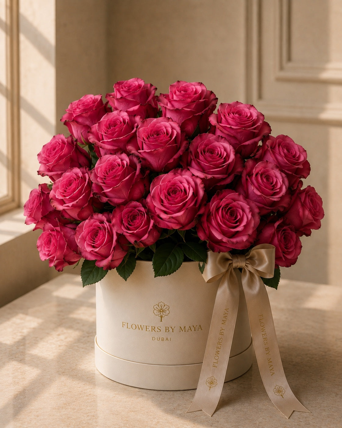 Fuchsia Grace by Flowers By Maya, deep pink roses in a cream suede hat box with champagne ribbon